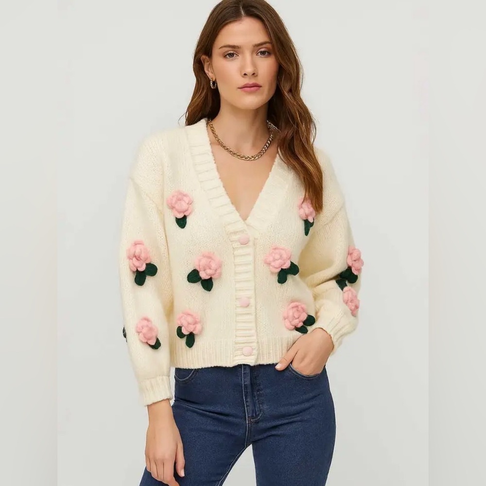 Luna Ivy Floral Embellished Cream Cardigan Sweater
